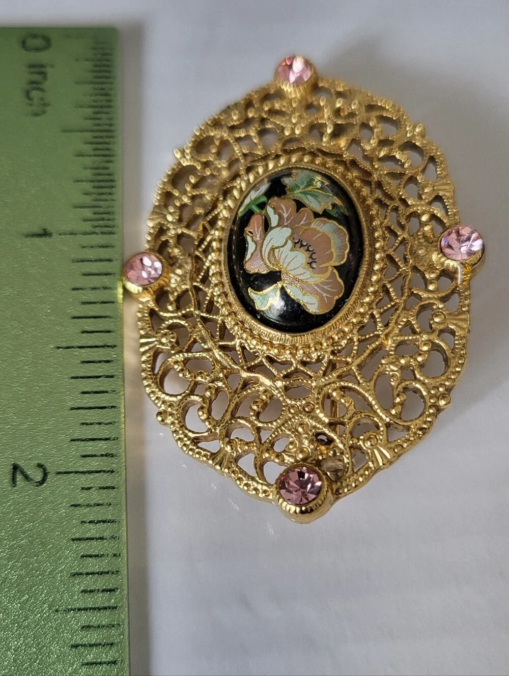 Vintage 1928 Brand Cloisonne Goldtone Filigree Floral Brooch with Pink Accents